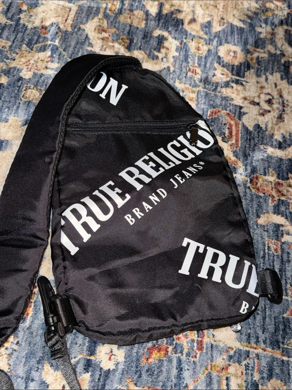 True Religion Black and White Logo Sling Crossbody Zippered Bag